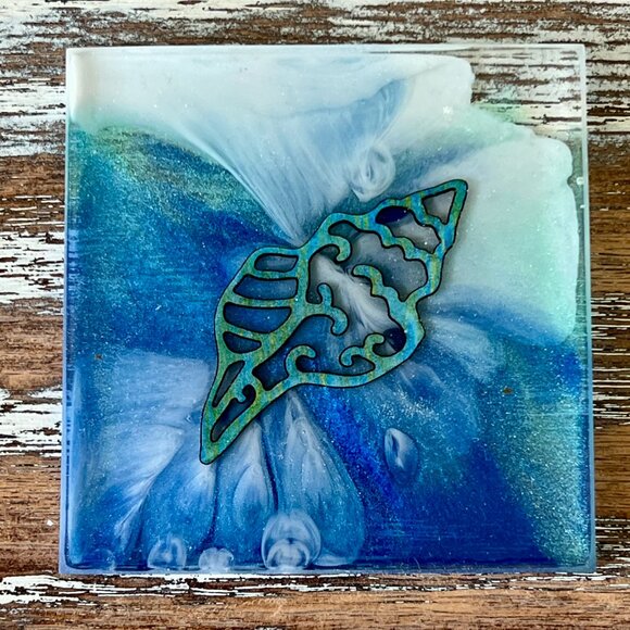 Ocean Animals Ocean Waves Resin Drink Coasters Set of 4 Beach House Dolphin - Picture 6 of 8